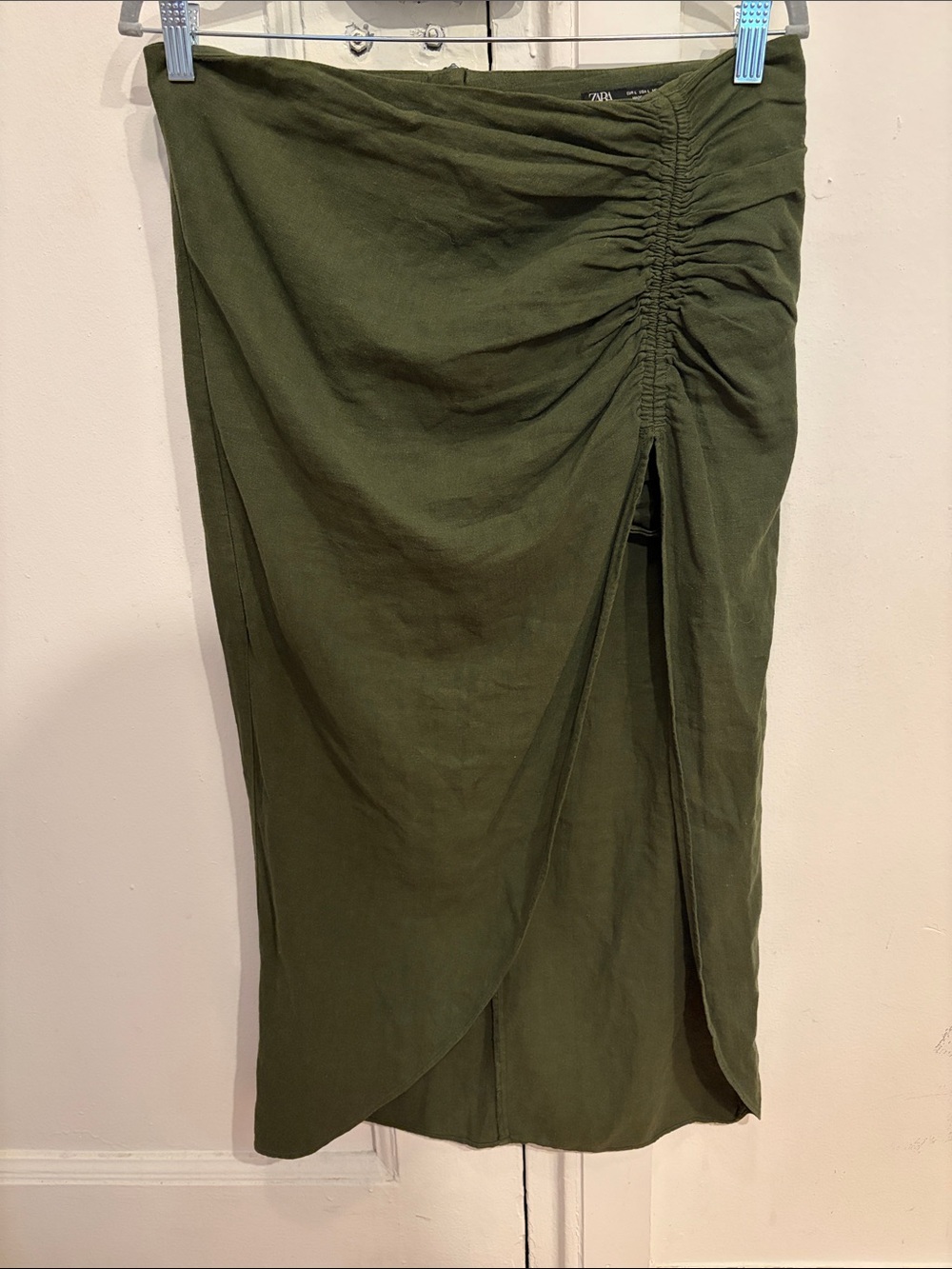 Zara Olive Green Ruched Wrap-Front Midi Skirt